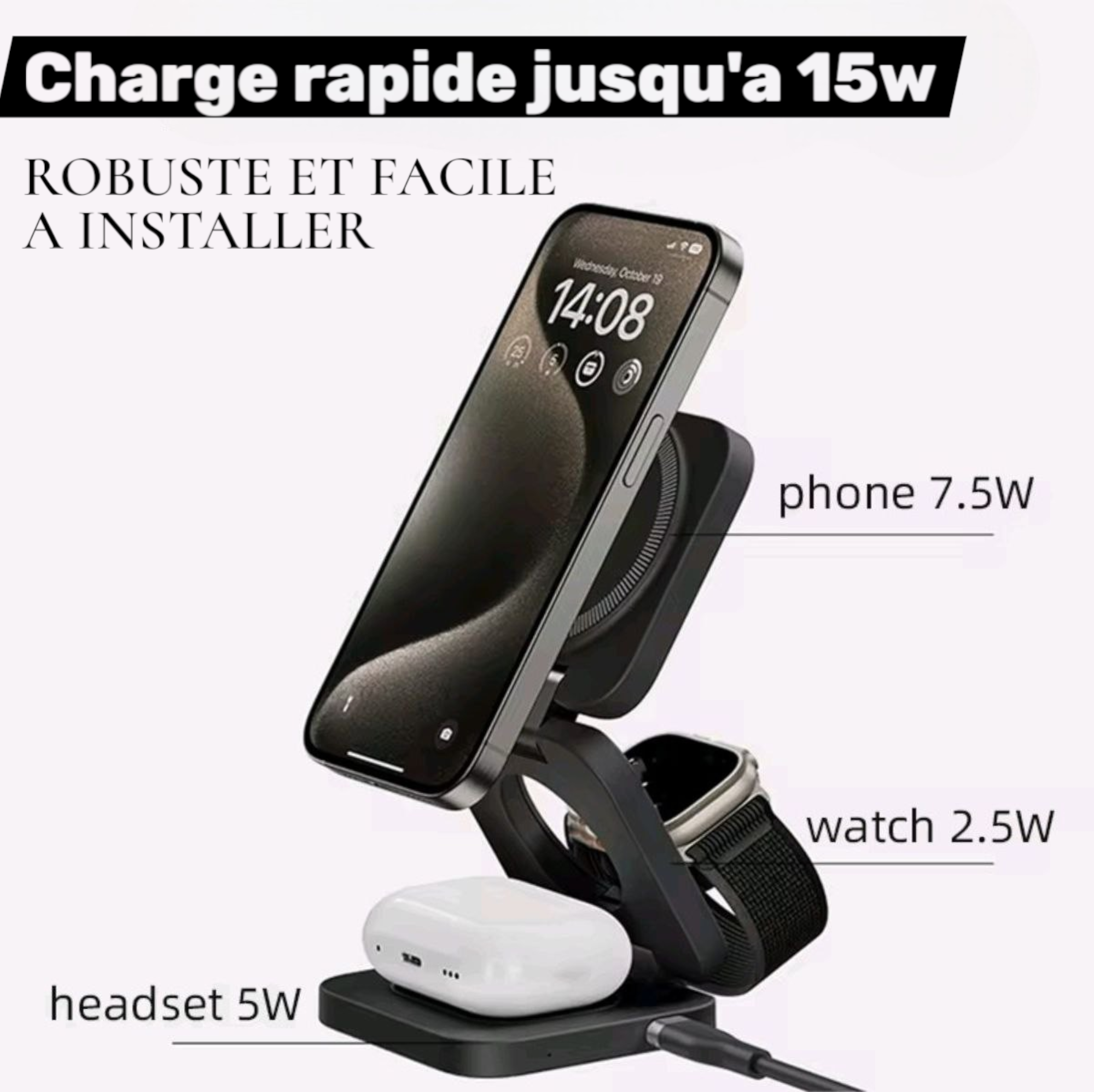Chargeur magnétique pliable 3 en 1 à charge rapide sans fil