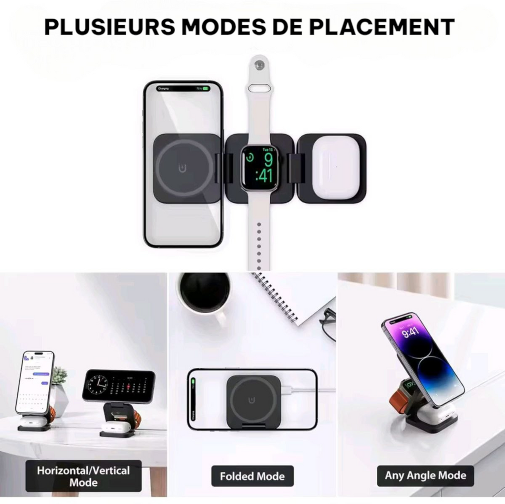 Chargeur magnétique pliable 3 en 1 à charge rapide sans fil