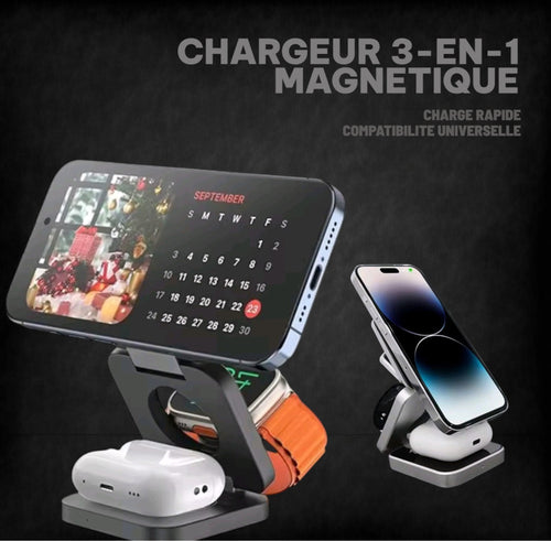 Chargeur magnétique pliable 3 en 1 à charge rapide sans fil